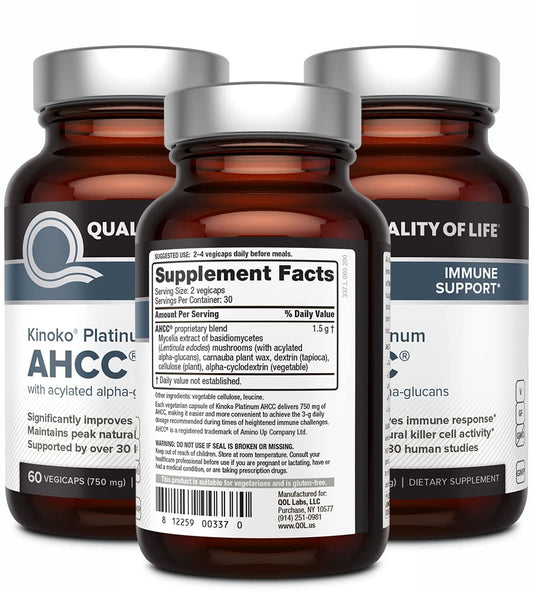 Quality of Life AHCC Kinoko Platinum bottle back with supplement facts.