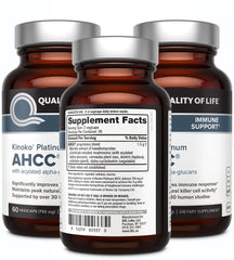 Quality of Life AHCC Kinoko Platinum bottle back with supplement facts.