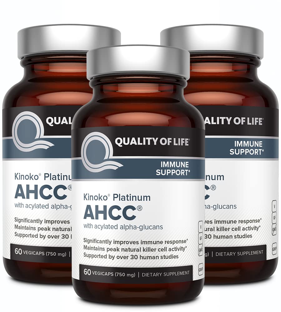 Quality of Life AHCC Kinoko Platinum bottle front, premium immune support.