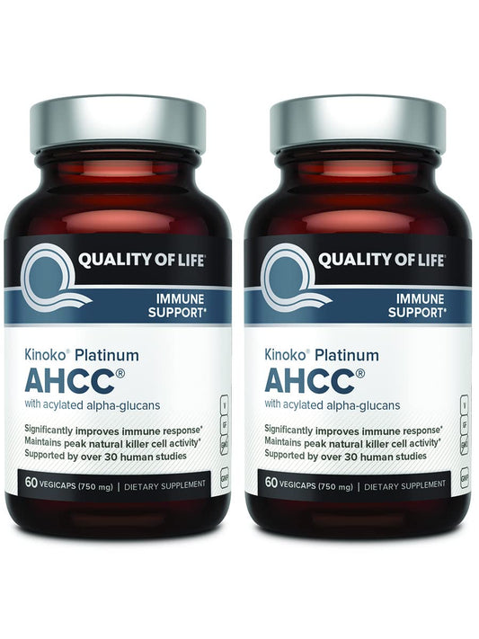 Quality of Life AHCC Kinoko Platinum bottle front view highlights immune support potential.