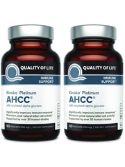 Quality of Life AHCC Kinoko Platinum bottle front view highlights immune support potential.