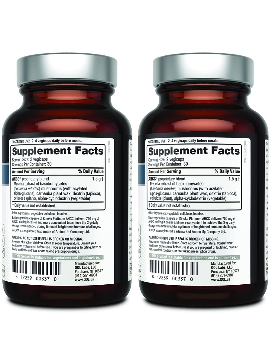 Quality of Life AHCC Kinoko Platinum label close-up shows 750 mg potency for daily use.