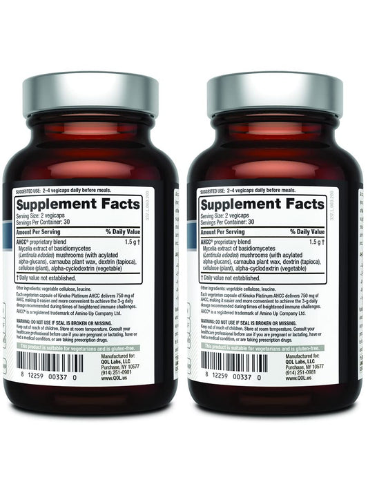 Quality of Life AHCC Kinoko Platinum label close-up shows 750 mg potency for daily use.