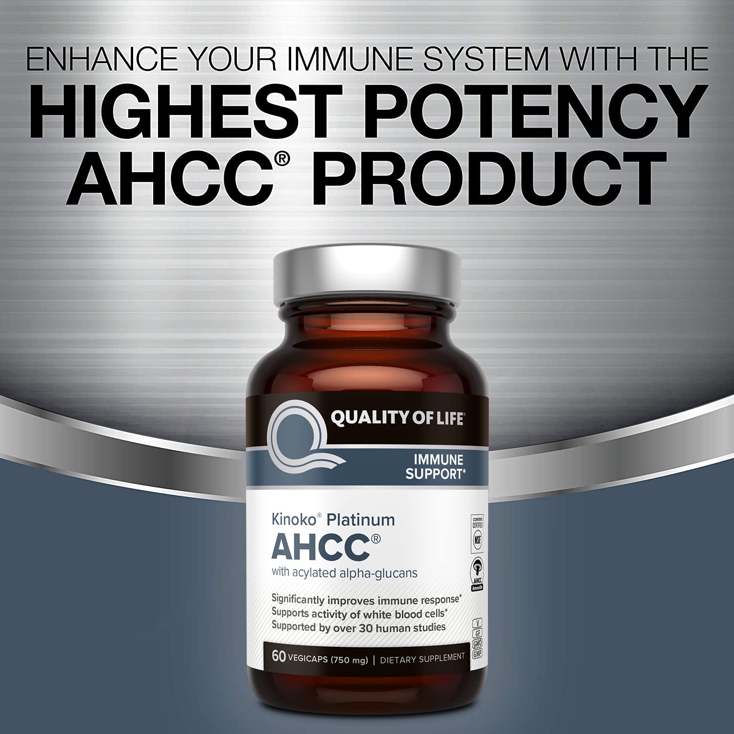 Close-up of Quality of Life AHCC Kinoko Platinum capsules illustrating vegetarian formula option.