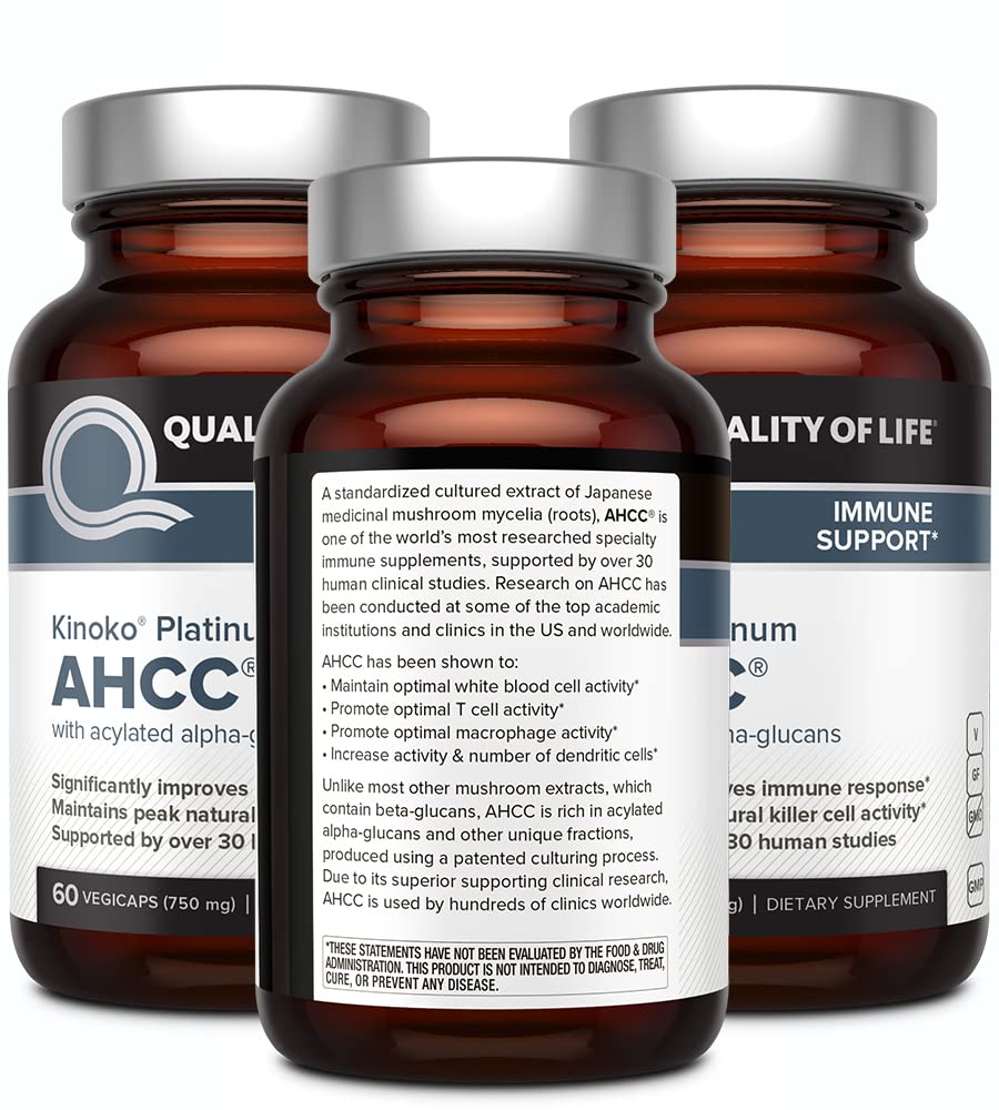 Quality of Life AHCC Kinoko Platinum capsules closeup for daily use.