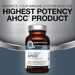 Close-up of Quality of Life AHCC Kinoko Platinum capsules illustrating vegetarian formula option.