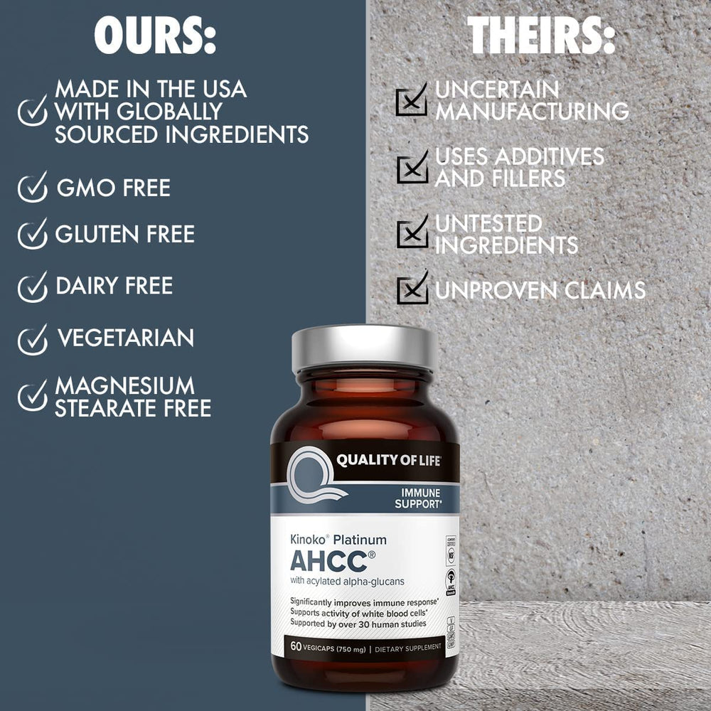 Quality of Life AHCC Kinoko Platinum label detail shows ingredients and standards.