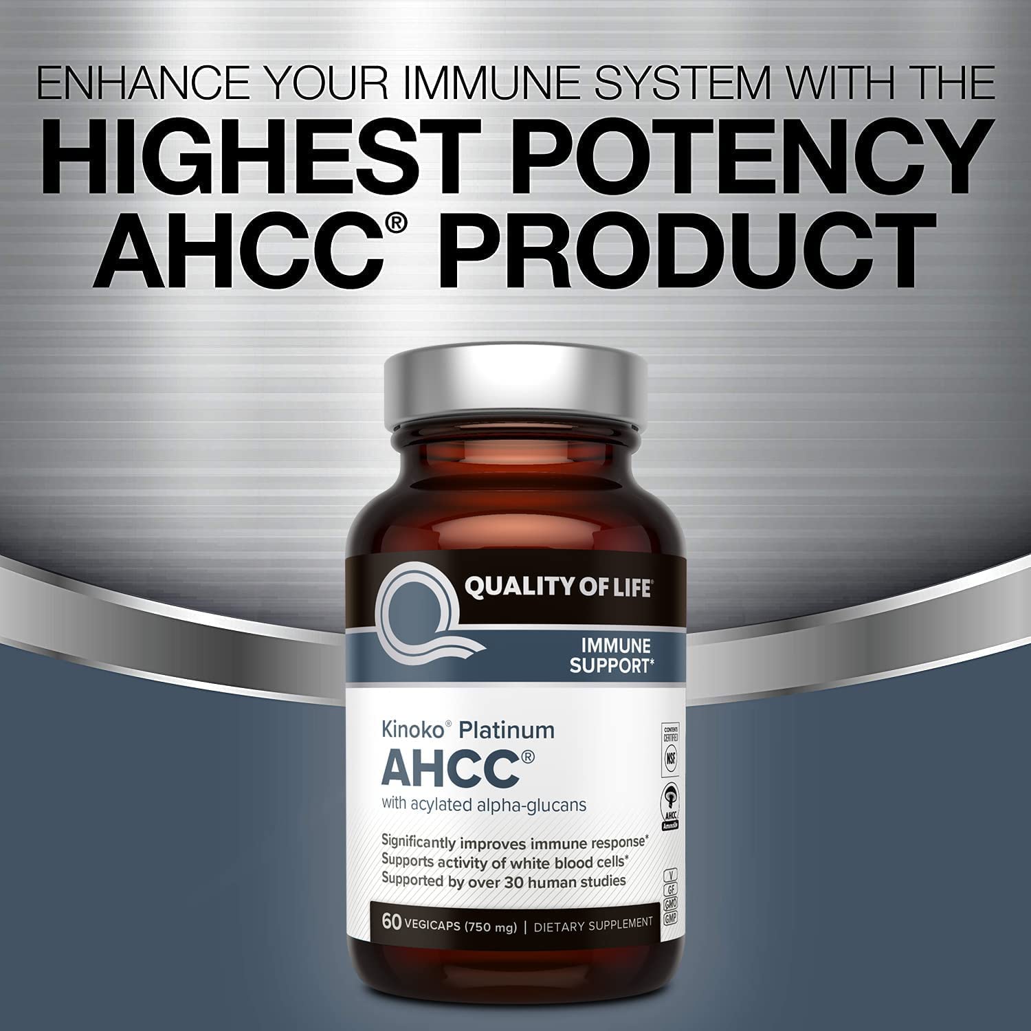 Quality of Life AHCC Kinoko Platinum 3-bottle pack indicating value.
