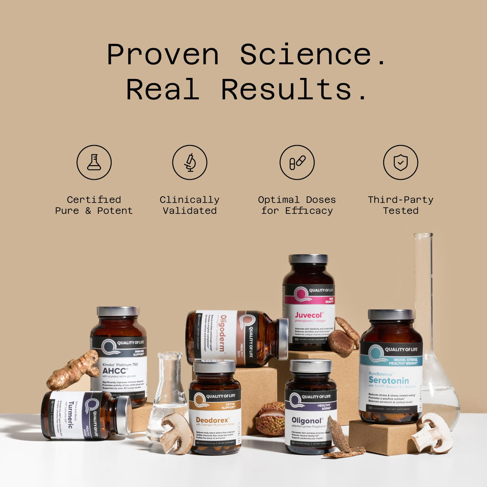 Quality of Life AHCC Kinoko Platinum packaging mockup conveying premium supplement quality.