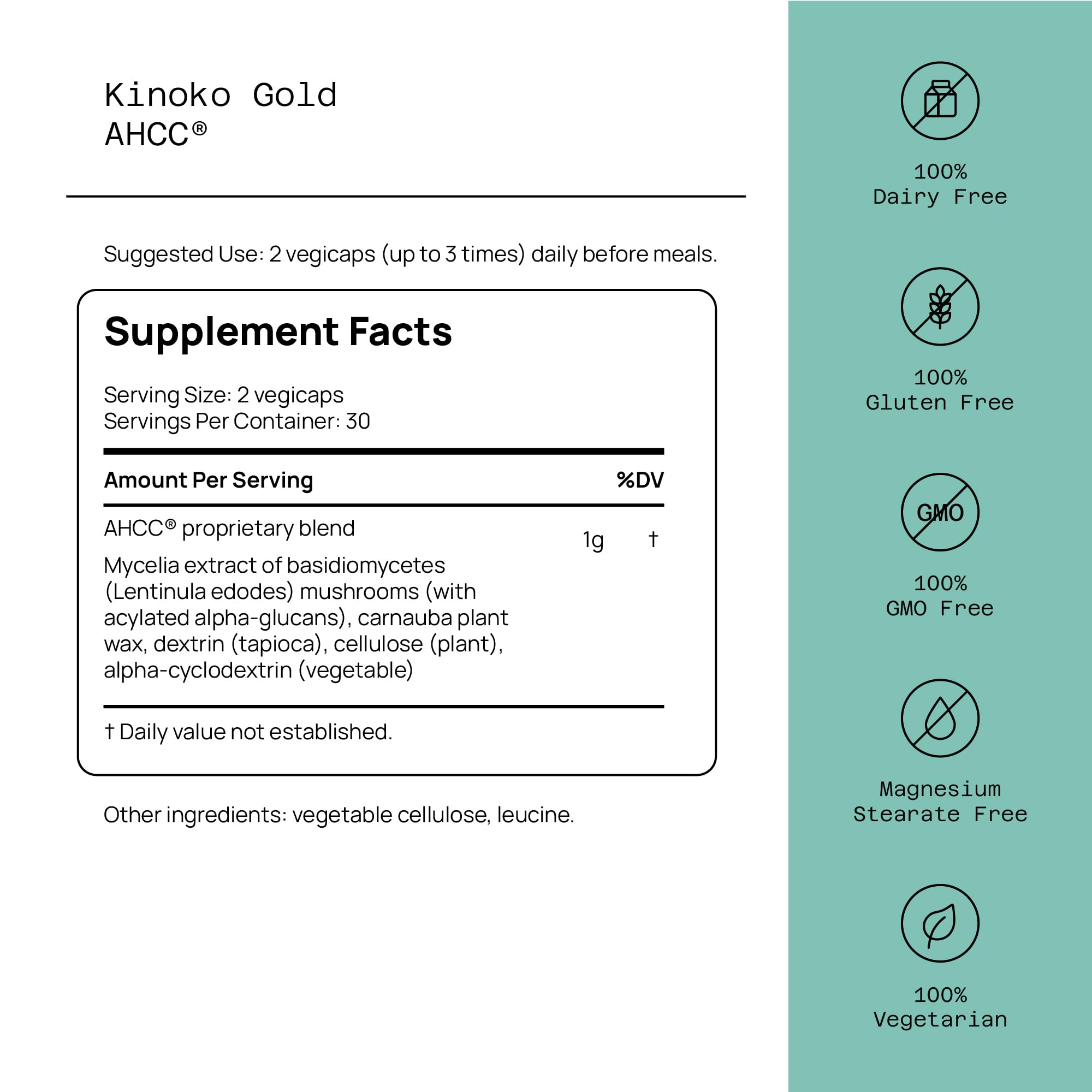Kinoko Gold AHCC label close-up highlighting Acylated Alpha Glucans.