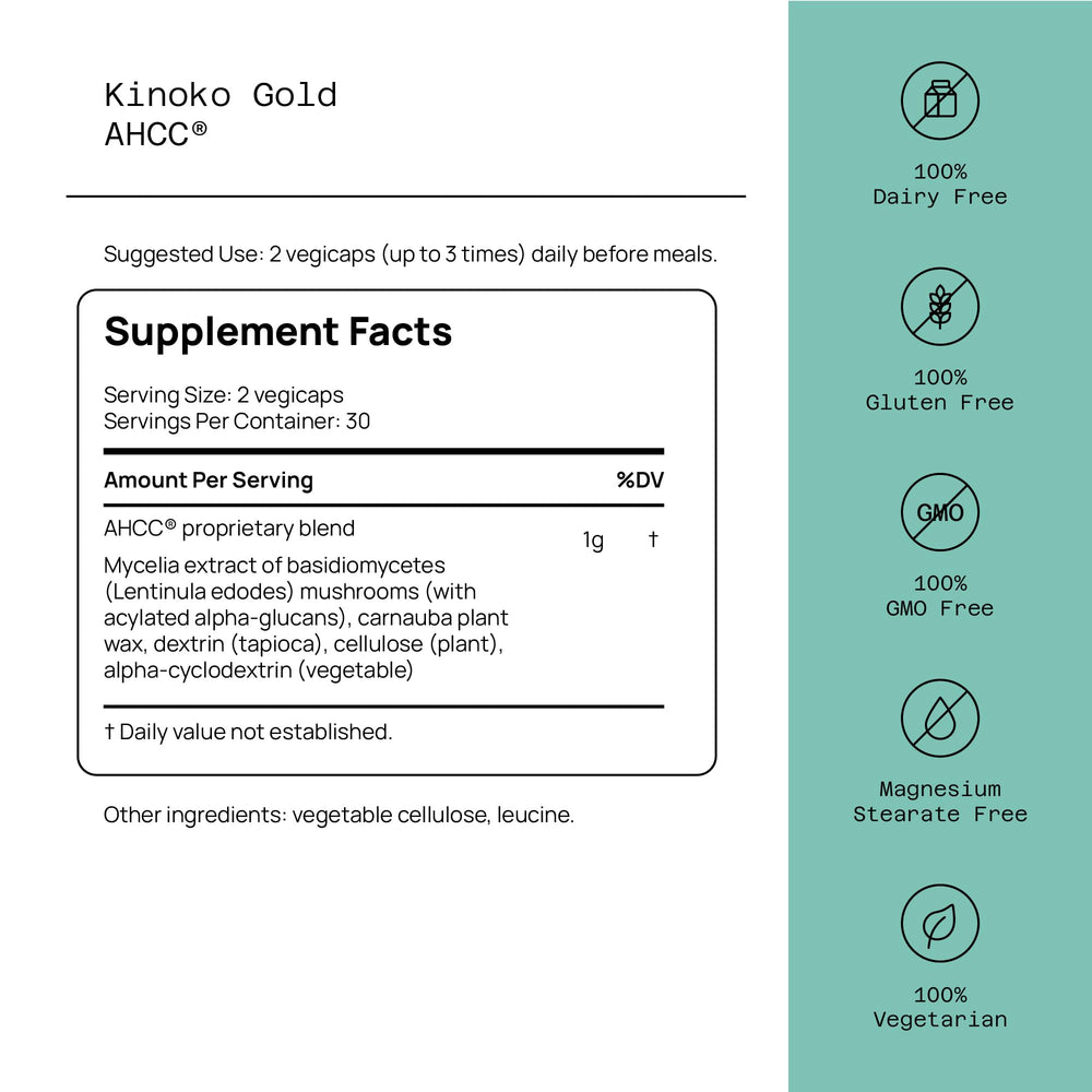 Kinoko Gold AHCC label close-up highlighting Acylated Alpha Glucans.
