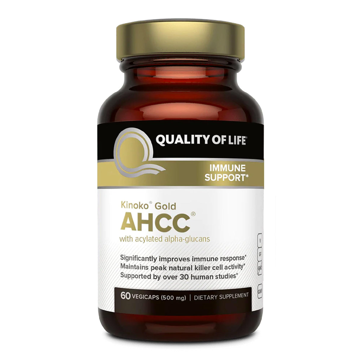Quality of Life Kinoko Gold AHCC bottle front view signaling immune support potential.