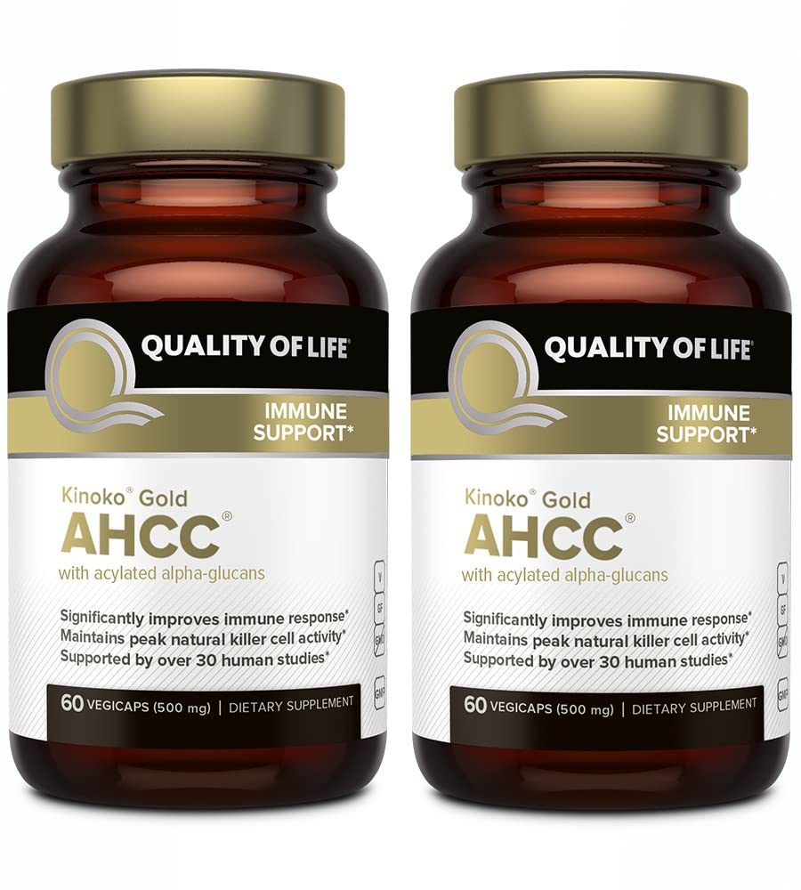 Quality of Life Kinoko Gold AHCC two-bottle pack highlighting convenient immune support