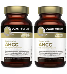 Quality of Life Kinoko Gold AHCC two-bottle pack highlighting convenient immune support