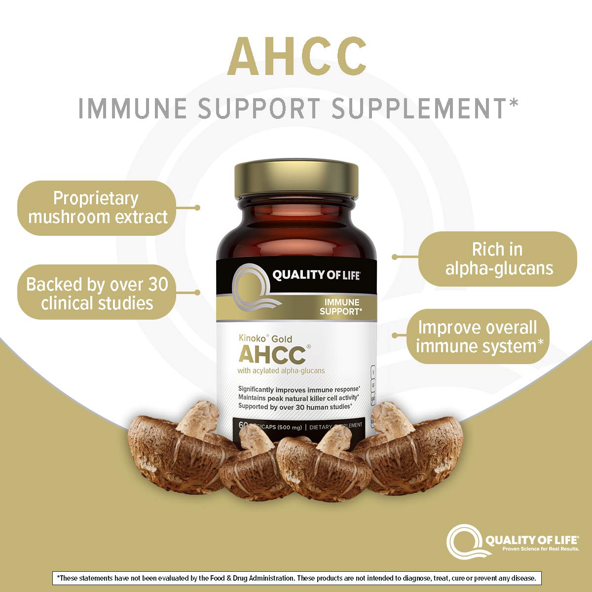 Quality of Life Kinoko Gold AHCC label close-up emphasizing the product identity