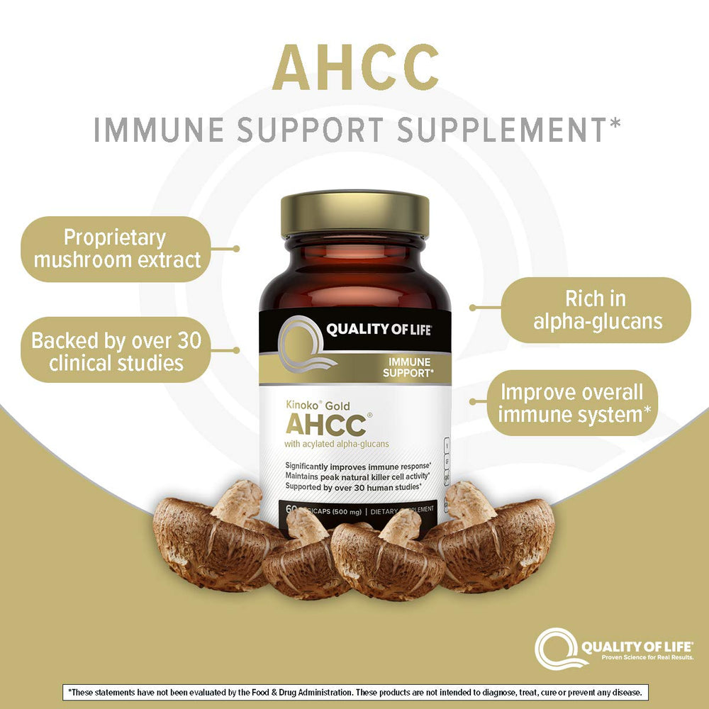 Quality of Life Kinoko Gold AHCC label close-up emphasizing the product identity