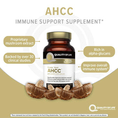 Quality of Life Kinoko Gold AHCC label close-up emphasizing the product identity