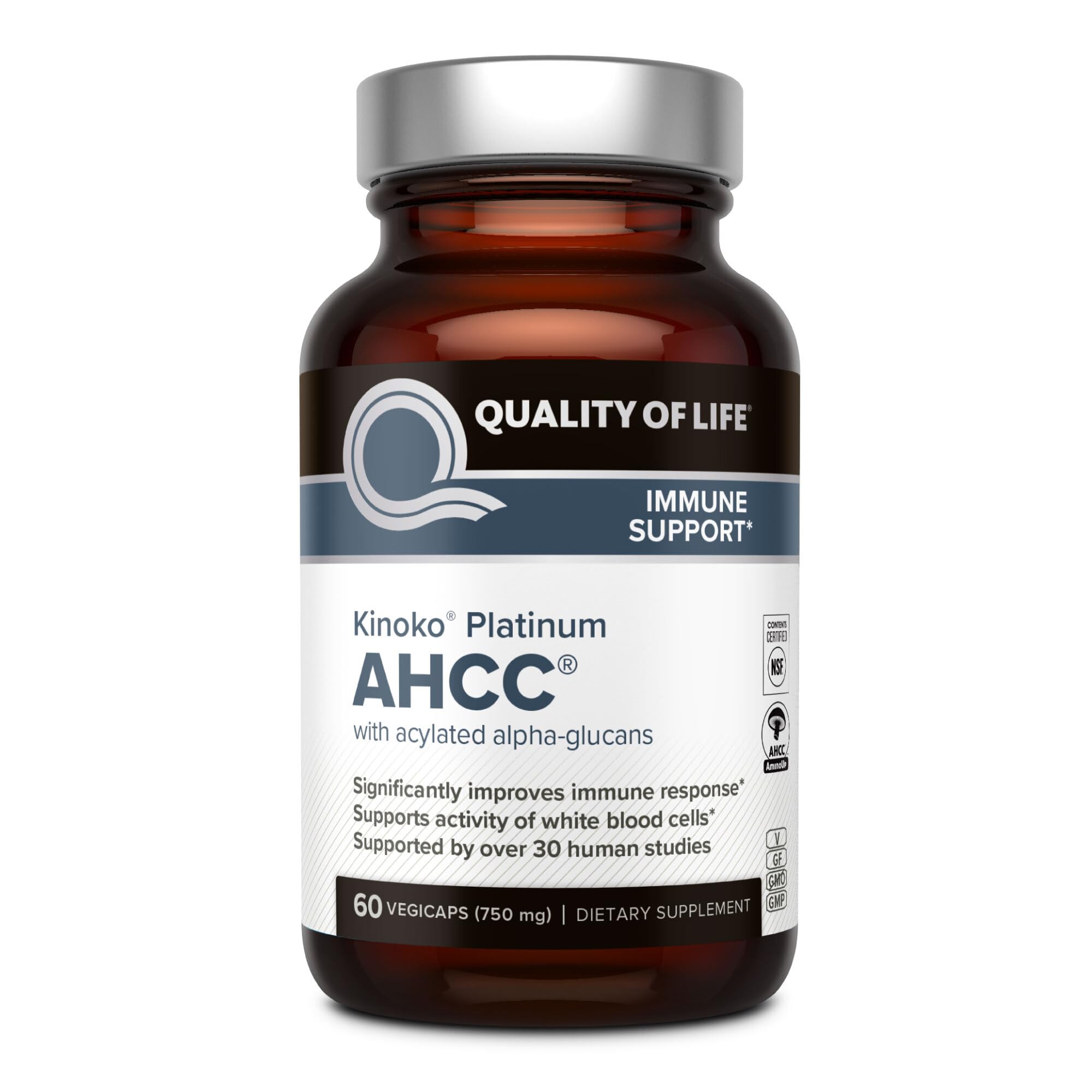 Quality of Life Kinoko Platinum AHCC capsules, close-up, immune support