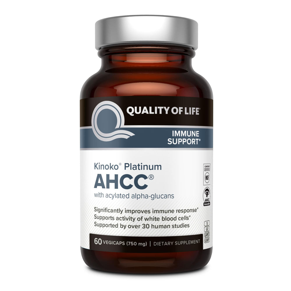 Quality of Life Kinoko Platinum AHCC capsules, close-up, immune support