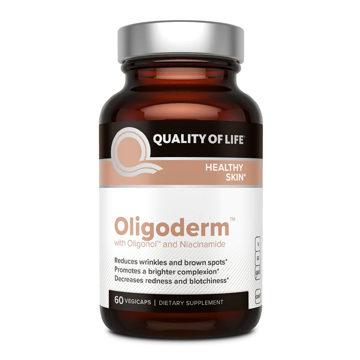 Quality of Life Oligoderm bottle front signals premium skin support for daily radiance.