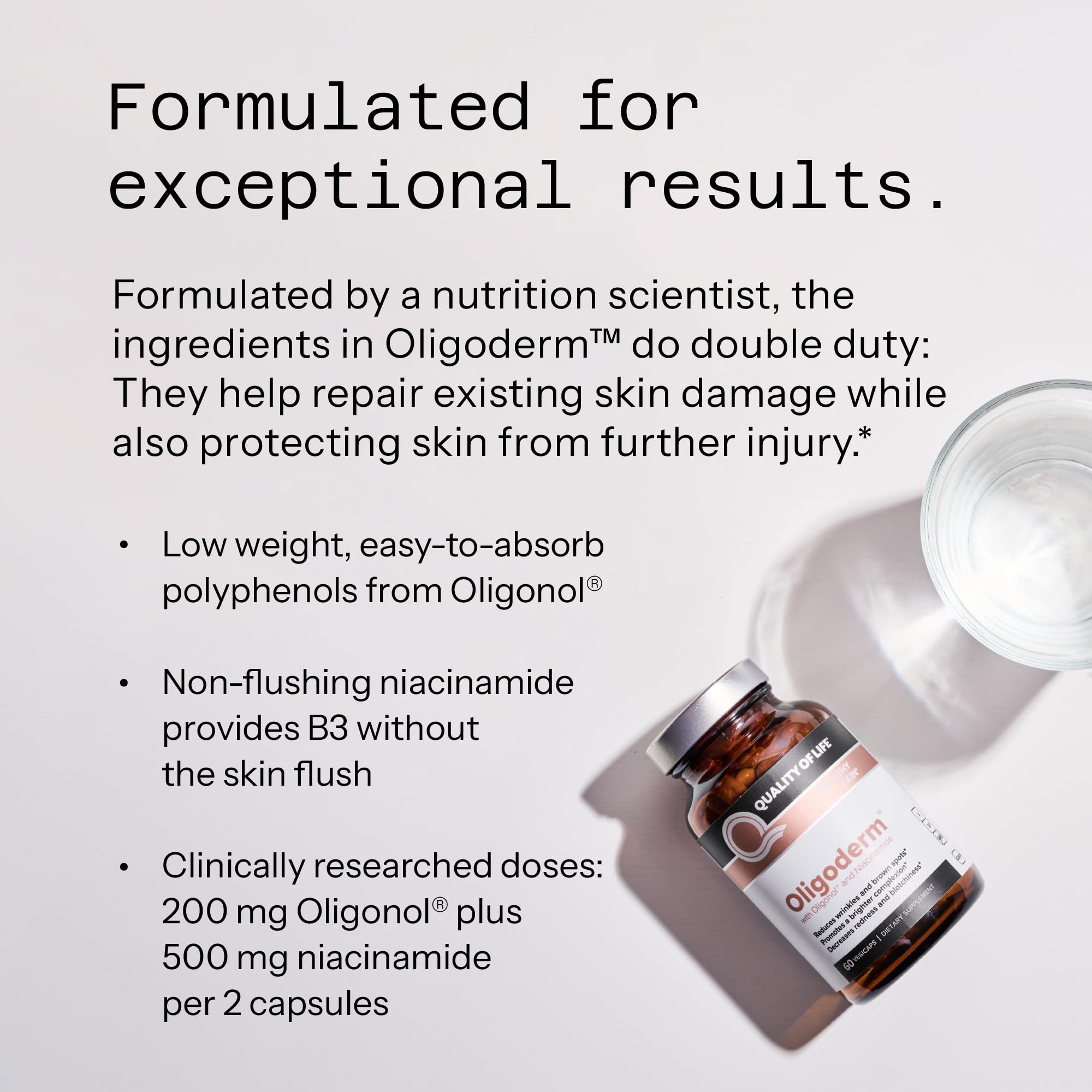 Quality of Life Oligoderm label closeup emphasizes key benefits and ingredients.