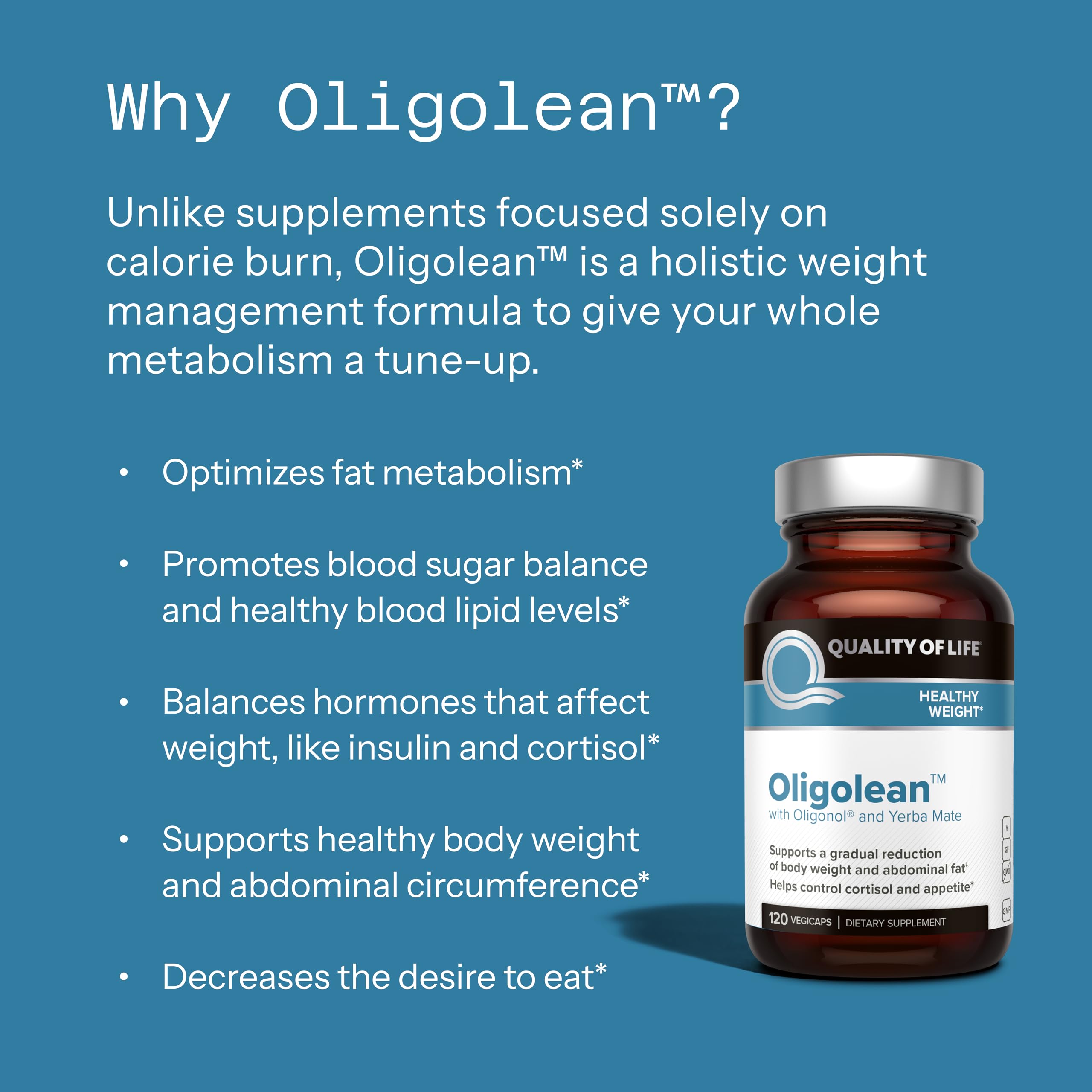 Quality of Life Oligolean label view shows Oligonol and Yerba Mate ingredients for wellness.