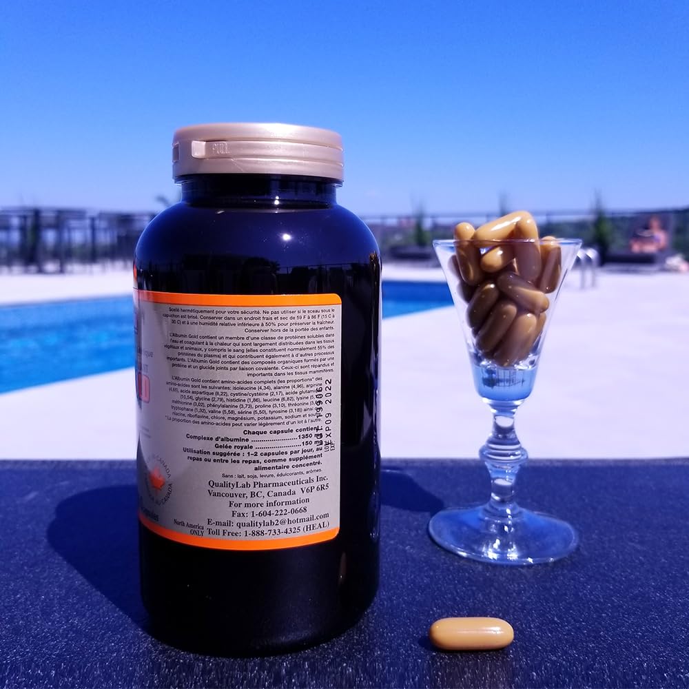 QualityLab Albumin Gold bottle pouring action suggests convenient daily dosing.
