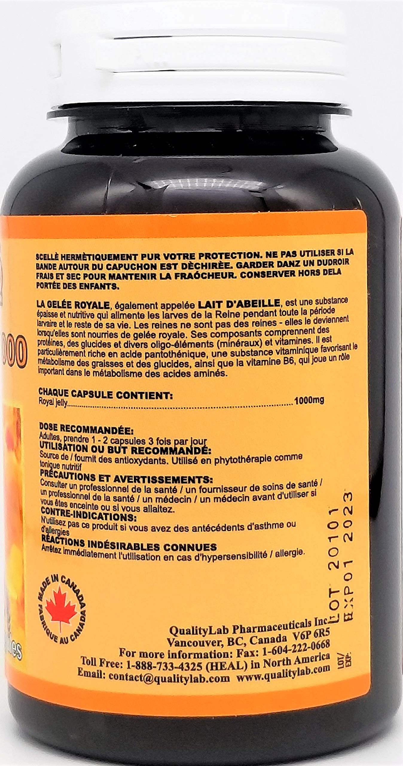 QUALITYLAB Canada-made packaging featuring royal jelly benefits for daily vitality support.