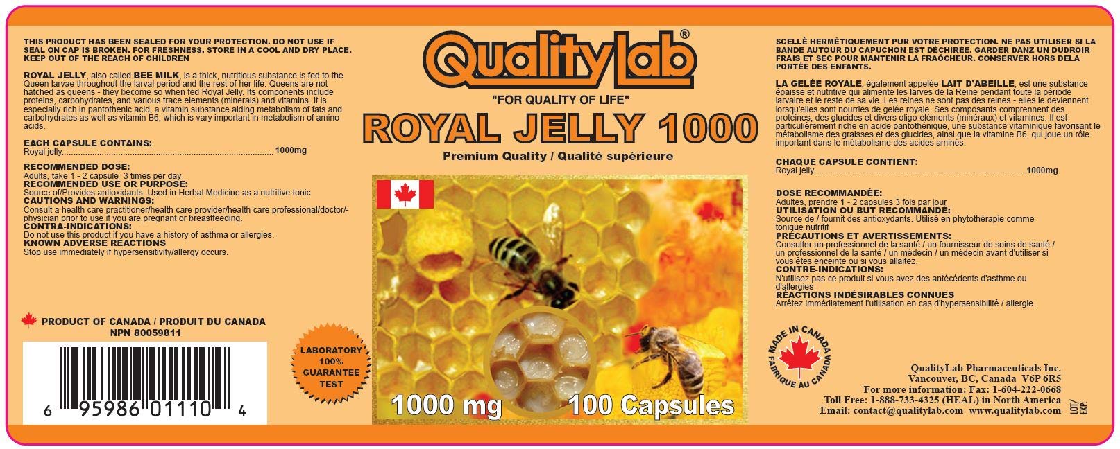 QUALITYLAB Royal Jelly capsules close-up, showing 100 softgels in a secure container.
