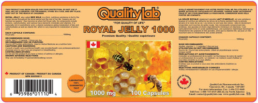 QUALITYLAB Royal Jelly capsules close-up, showing 100 softgels in a secure container.