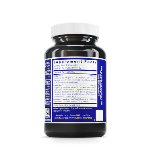 Quantum Adrenal Support bottle back-label showing ingredients and allergen-free claims for clean nutrition