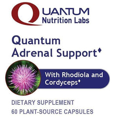 Quantum Adrenal Support organic ingredients chart detailing rhodiola, cordyceps, and chlorella benefits