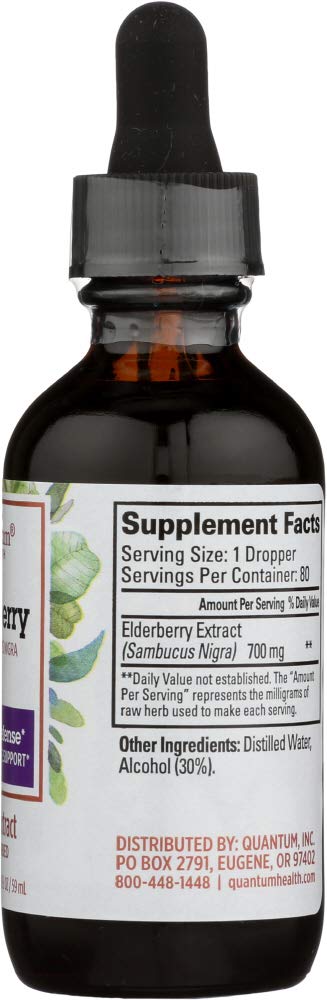 Quantum Elderberry Liquid Extract bottle beside beverage for easy mixing