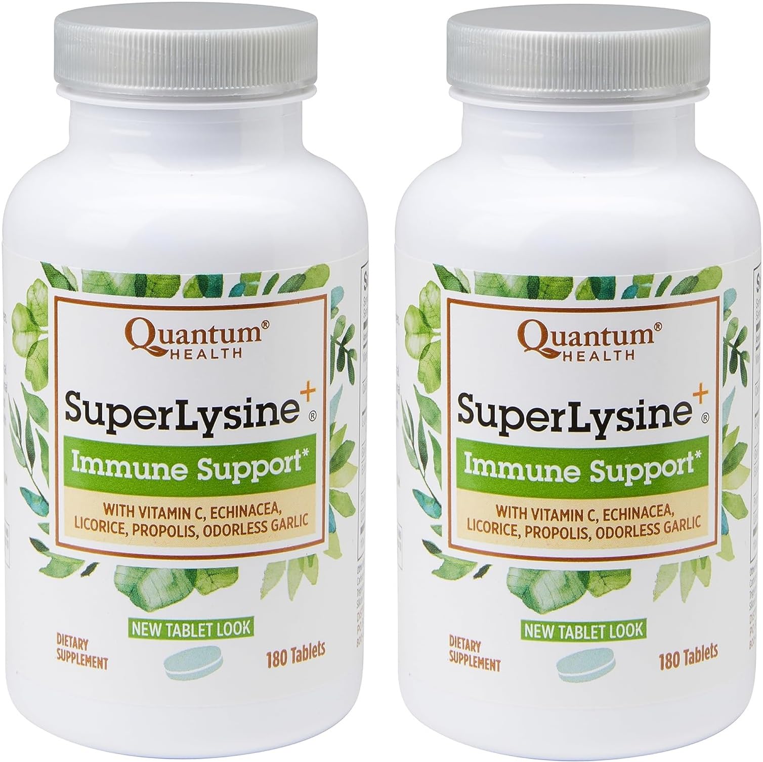 Quantum Health SuperLysine+ bottle front showing two-pack option for immune and lip support