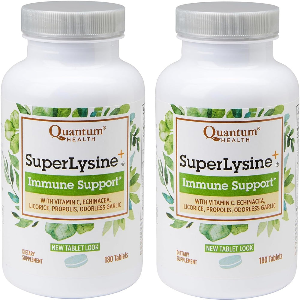 Quantum Health SuperLysine+ bottle front showing two-pack option for immune and lip support