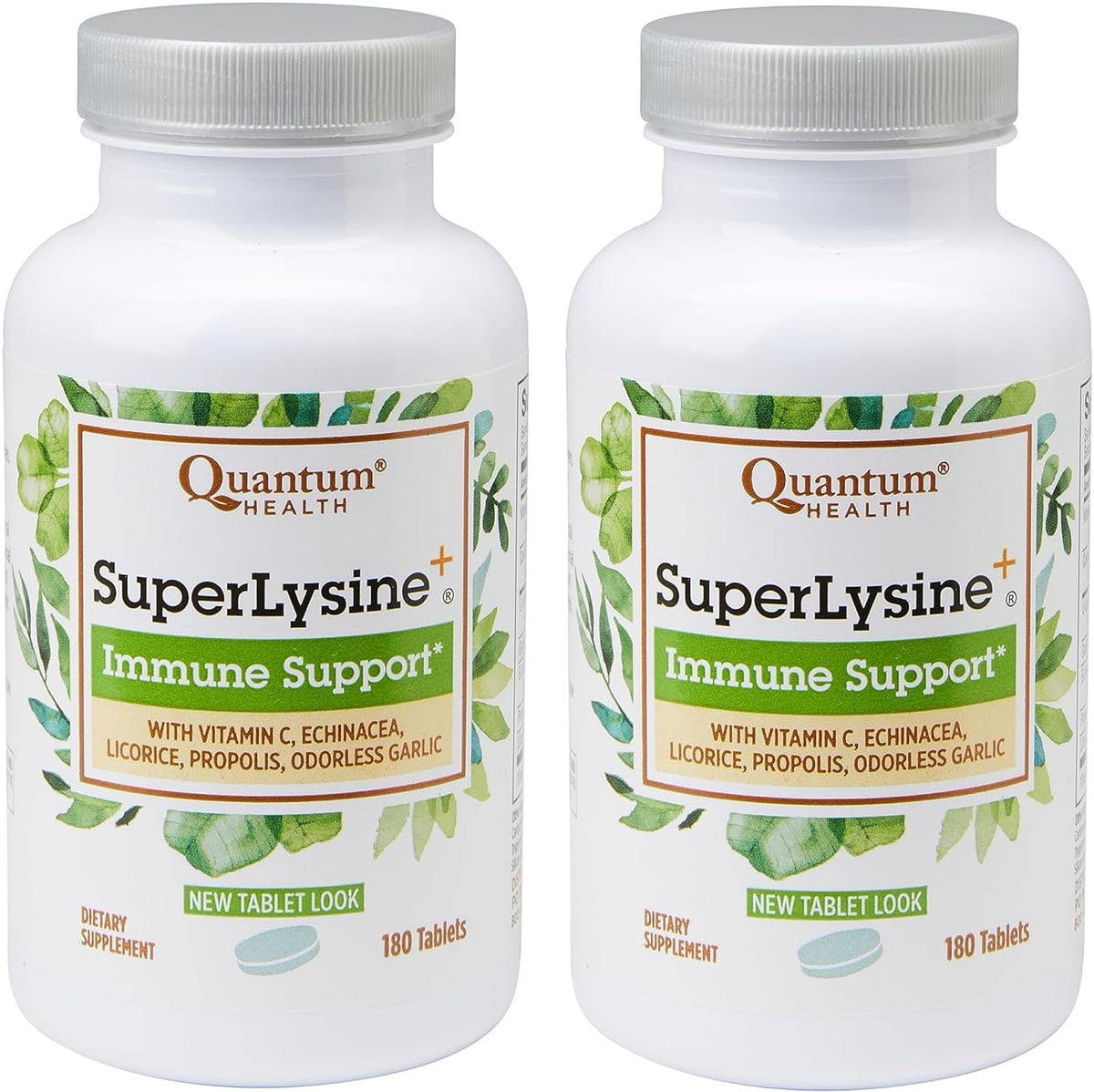 Quantum Health SuperLysine+ bottle front showing two-pack option for immune and lip support
