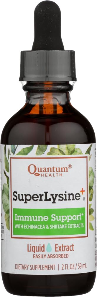 Quantum Lysine Plus liquid extract bottle on counter for convenient immune support