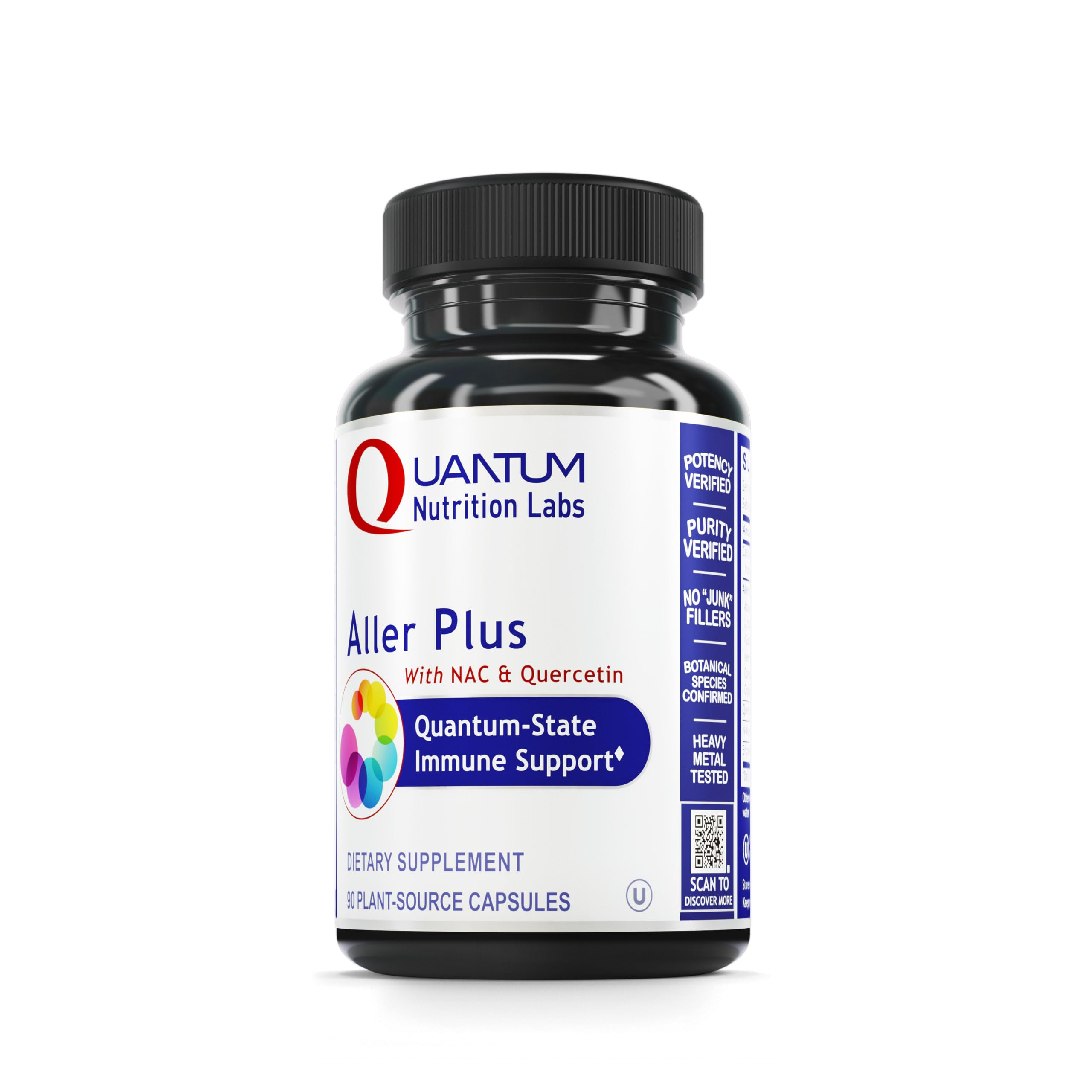 Quantum Nutrition Aller Plus bottle front highlights NAC and quercetin for immune support.