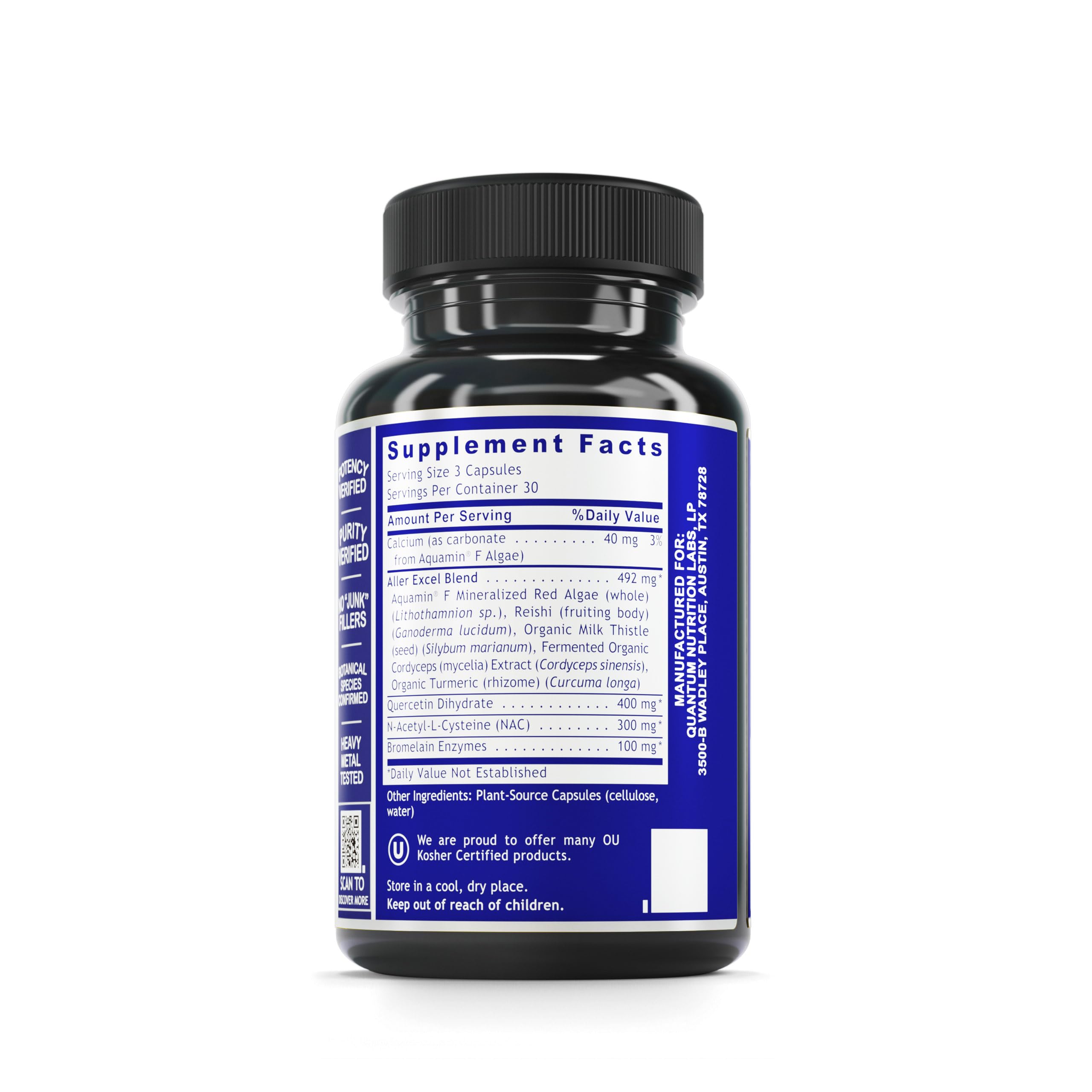 Quantum Nutrition Aller Plus bottle-label emphasizes bromelain and reishi for potential lung-friendly support.