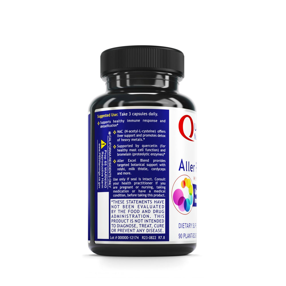 Quantum Nutrition Aller Plus capsules closeup illustrates 400 mg quercetin per serving for immune support.