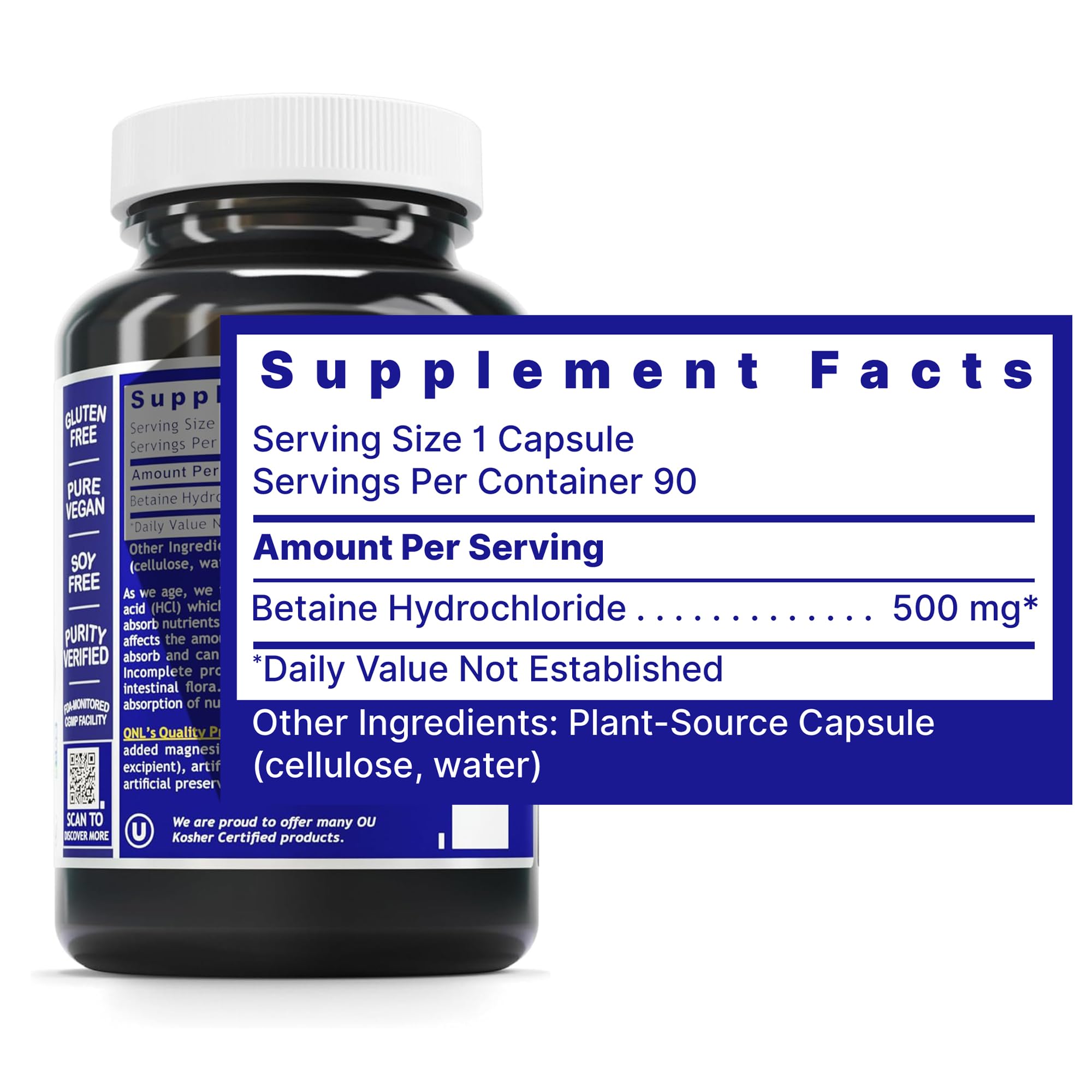 Quantum Nutrition Betaine HCl capsules close-up highlighting vegan formula.
