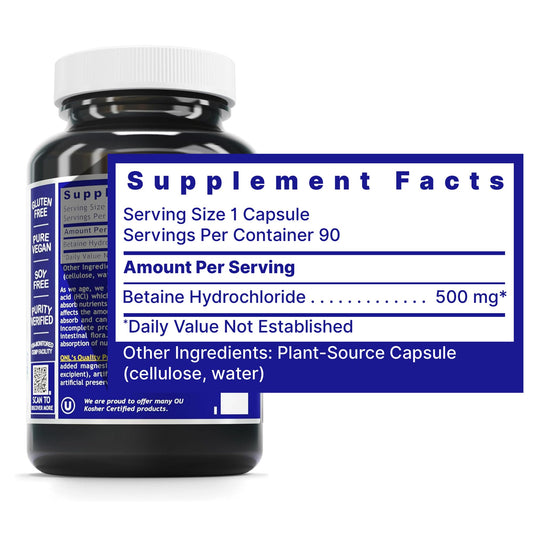 Quantum Nutrition Betaine HCl capsules close-up highlighting vegan formula.