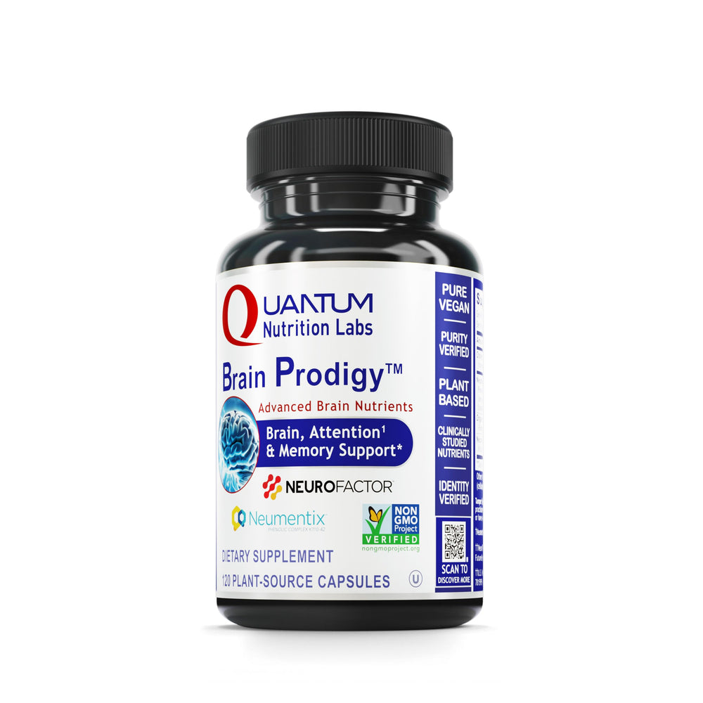 Quantum Nutrition Brain Prodigy bottle highlights a convenient daily memory support supplement.