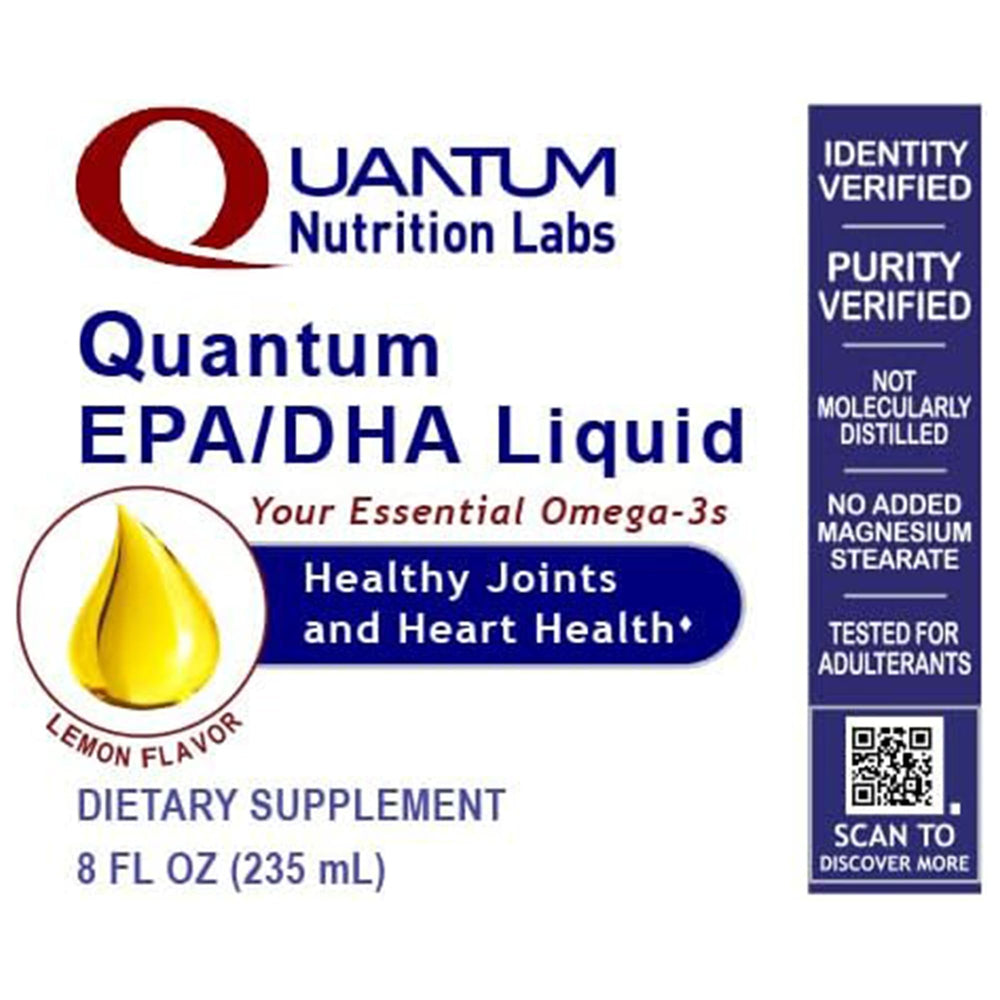 Quantum Nutrition EPA/DHA lemon flavor label emphasizing kid-friendly taste and dosing