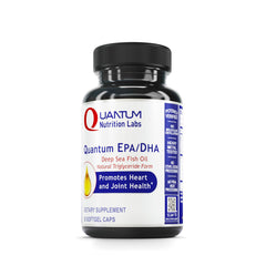 Quantum Nutrition EPA-DHA softgel bottle highlighting omega-3 support for brain and vision.
