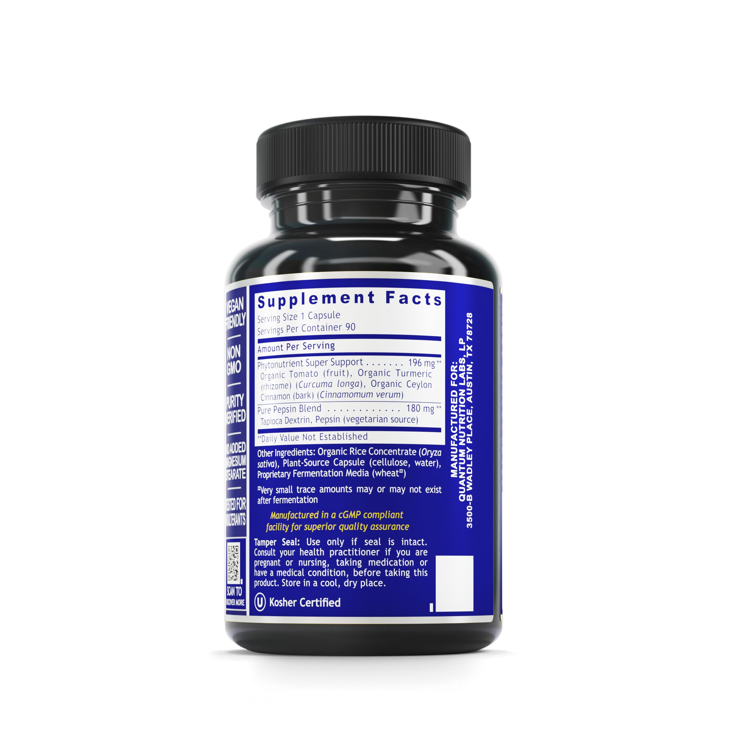 Quantum Nutrition HCL Activator ingredients with turmeric and pepsin support gut health