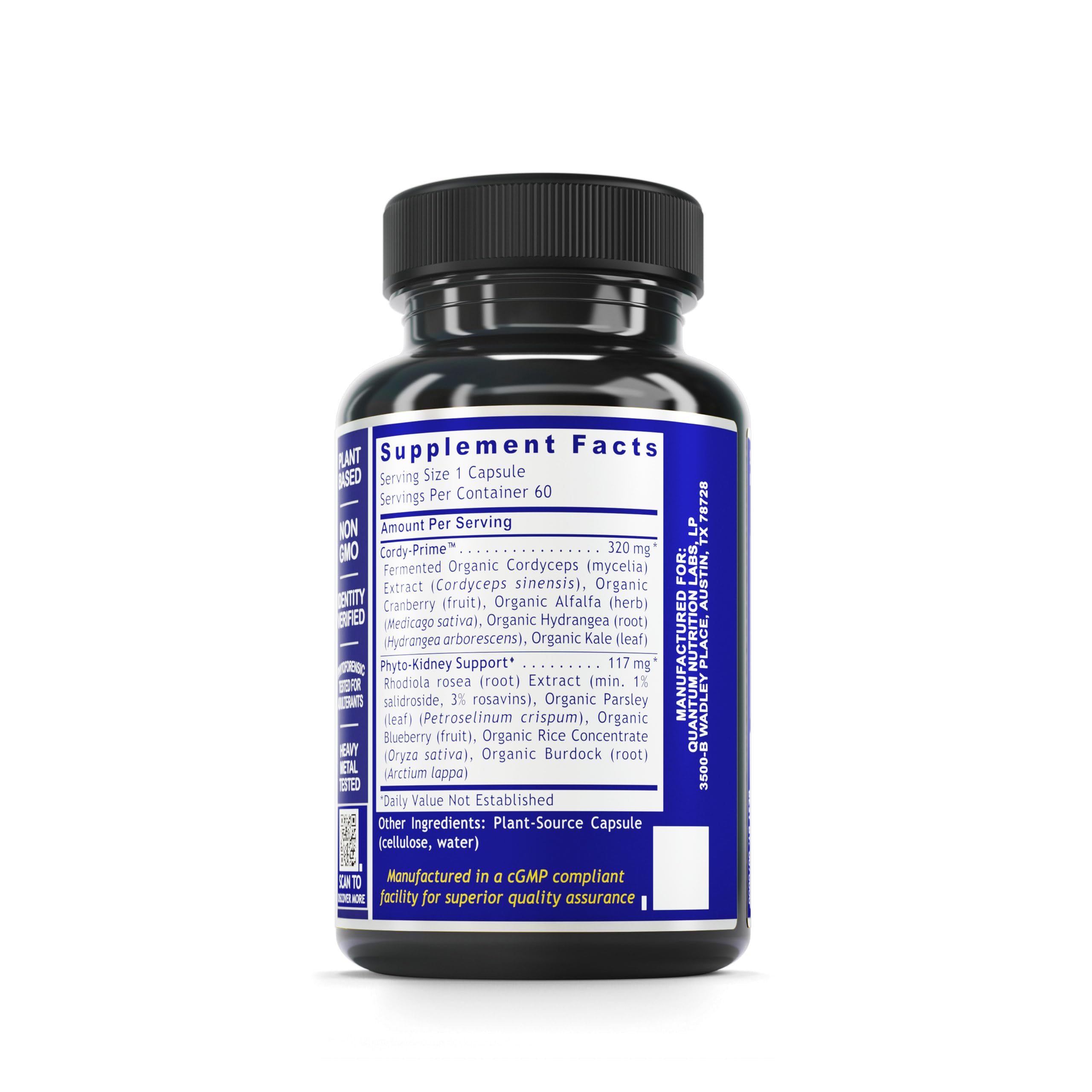 Quantum Nutrition Kidney Support capsules with cordyceps for healthy blood flow.