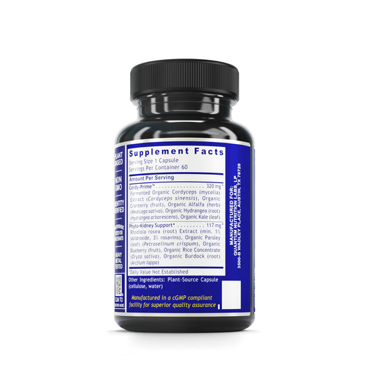 Quantum Nutrition Kidney Support capsules with cordyceps for healthy blood flow.