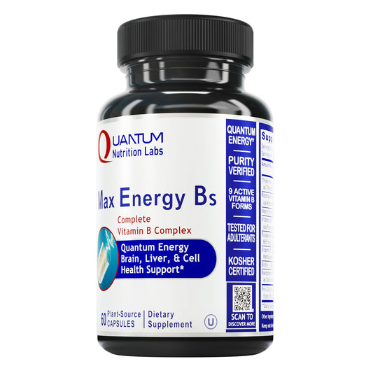 Quantum Nutrition Labs Max Energy Bs bottle displaying capsules for everyday energy support