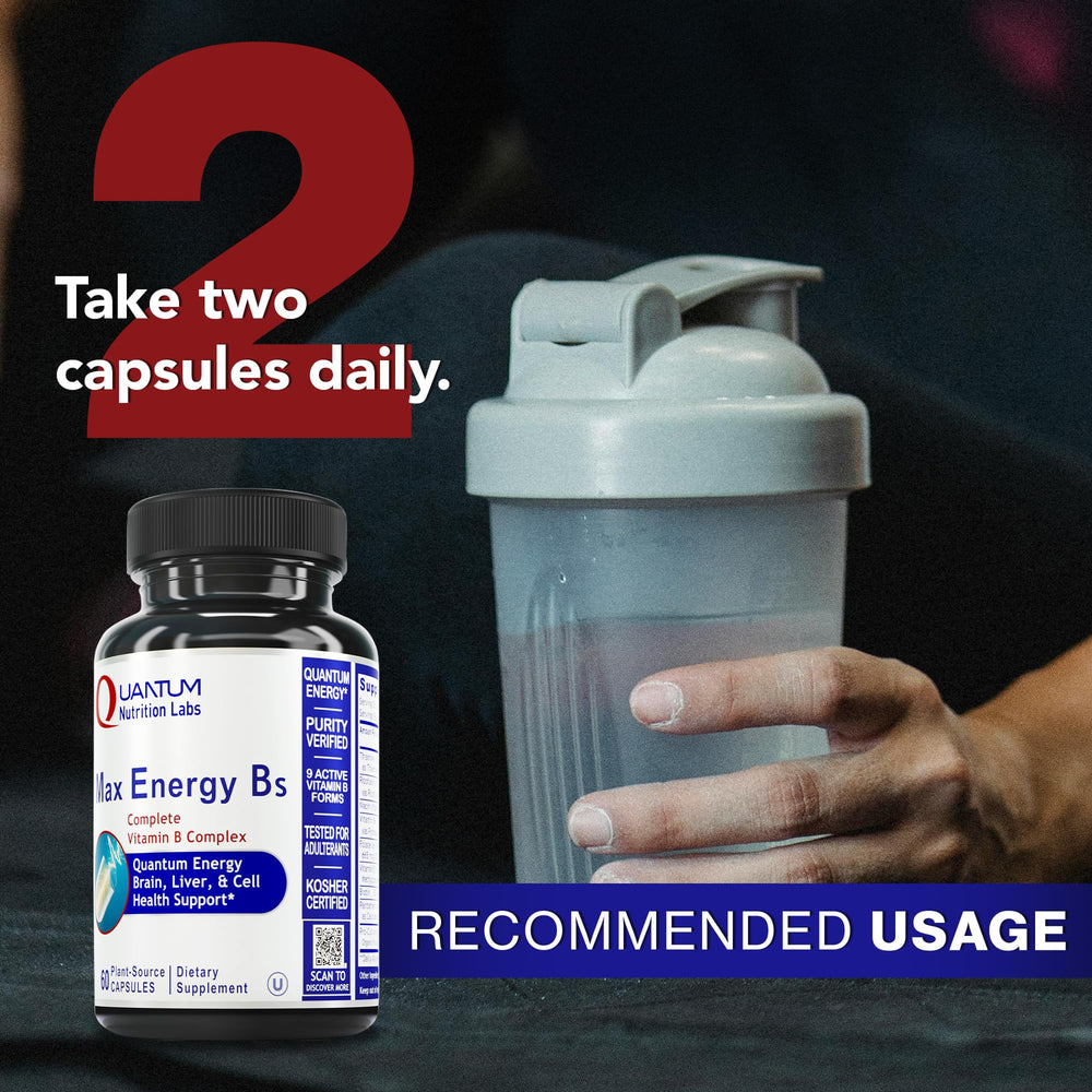 Quantum Nutrition Labs Max Energy Bs capsules on hand for a simple daily routine